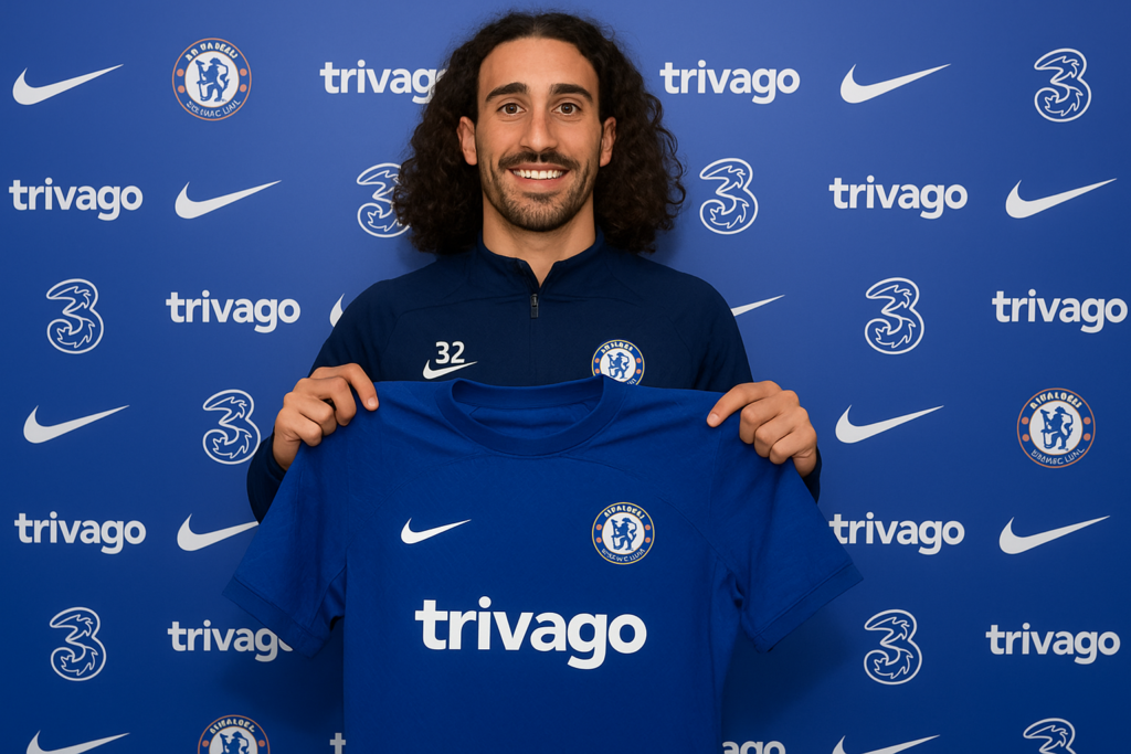 Digital sports news image showing Marc Cucurella, Chelsea defender, smiling while holding a Chelsea jersey after agreeing to a new contract.