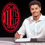 Digital sports news graphic featuring Zachary Athekame in AC Milan colors after his reported transfer.