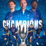Paris Saint-Germain players celebrate lifting the UEFA Super Cup trophy after a victory over Tottenham.