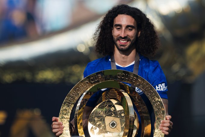 Football news graphic featuring Marc Cucurella in Chelsea colors, celebrating after securing a new deal with the club.